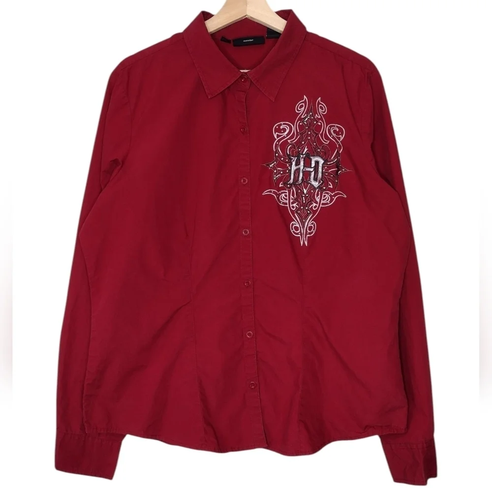 Harley-Davidson Red Embroidery Long Sleeve Button Down Shirt Sz XL